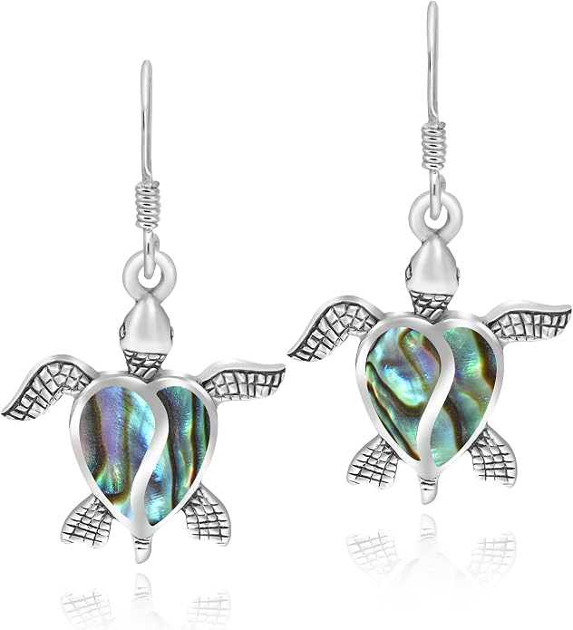 AeraVida Love Life Sea Ocean Turtle Heart Abalone Shell Sterling Silver Dangle Earrings | Elegant Ocean-Inspired Turtle Earrings for Women | Sterling Silver and Abalone Shell Jewelry
