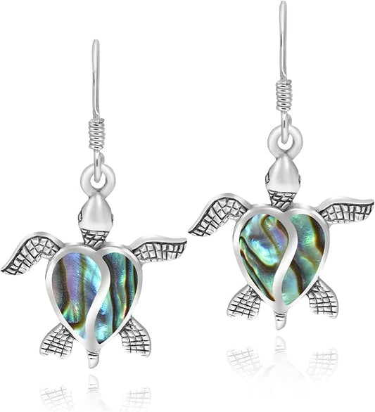 AeraVida Love Life Sea Ocean Turtle Heart Abalone Shell Sterling Silver Dangle Earrings | Elegant Ocean-Inspired Turtle Earrings for Women | Sterling Silver and Abalone Shell Jewelry
