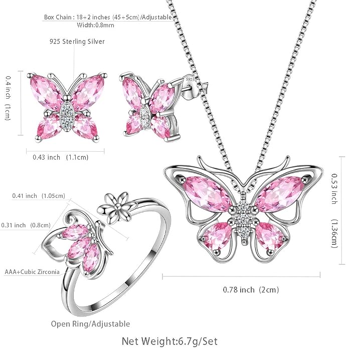Aurora Tears Butterfly Jewelry,Women 925 Sterling Silver Butterflies Birthstone Pendant Necklace/Earrings/Rings Wedding Gift