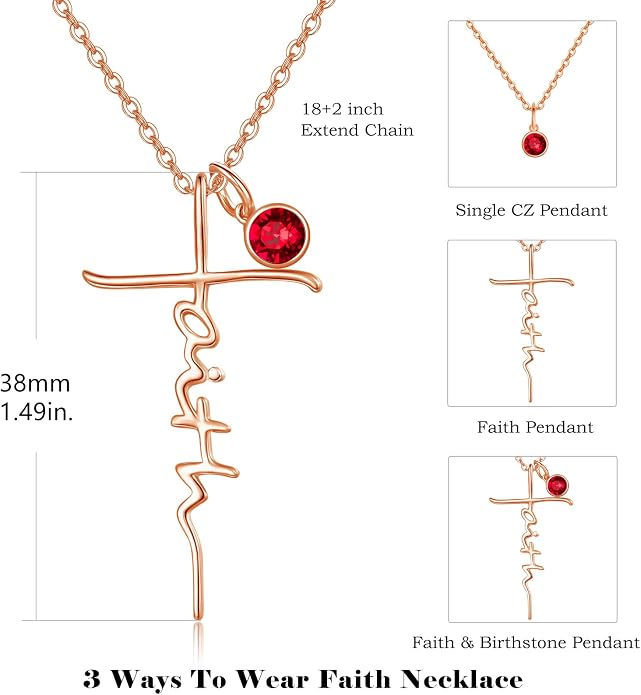 PRAYMOS Faith Cross Necklace for Women 925 Sterling Silver Pendant Necklace With Birthstone Initial Christian Religious Confirmation Baptism Mothers Day Gifts