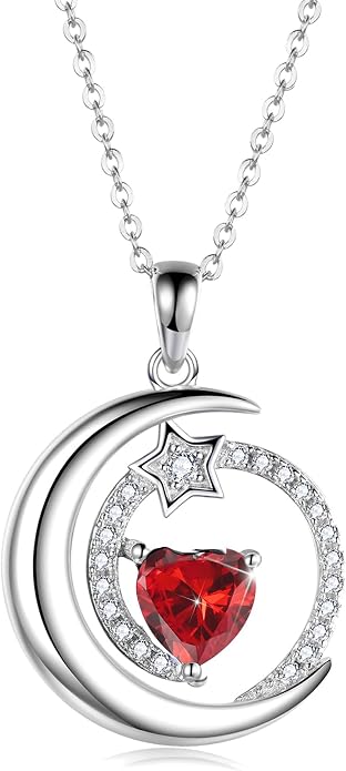 S925 Sterling Silver Birthstone Pendant Necklace Moon Star Necklace Jewelry Gift for Women Anniversary Valentine's day