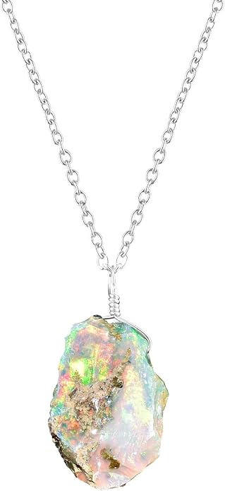 Raw Ethiopian Fir Opal Pendant Necklace for Women, Dainty Pendant, Handmade October Birthstone, Hypoallergenic Spiritual Healing Stone 925 Sterling Silver Chain 20" Birthday Gifts