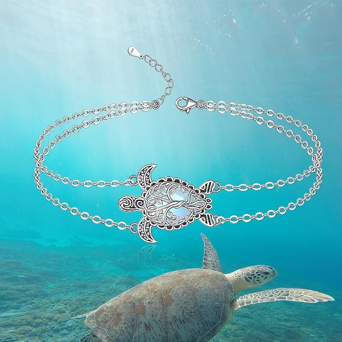 Fenthring Turtle Anklet S925 Sterling Silver Blue Opal Sea Turtle Ankle Bracelets for Women Infinity Wave Ocean Beach Summer Foot Bracelet Jewelry Layered Adjustable