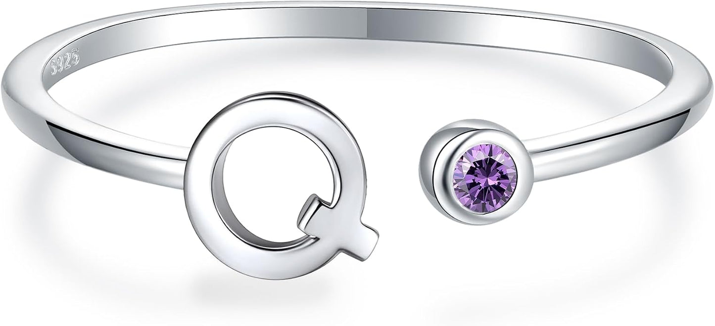 925 Sterling Silver Initial Letter Birthstone Rings for Women Adjustable 1-12 Month Birthstone Alphabet Stacking Ring for Teens Girls Stackable Birthstone Rings Birthday Jewelry Gift for Daughter Mom