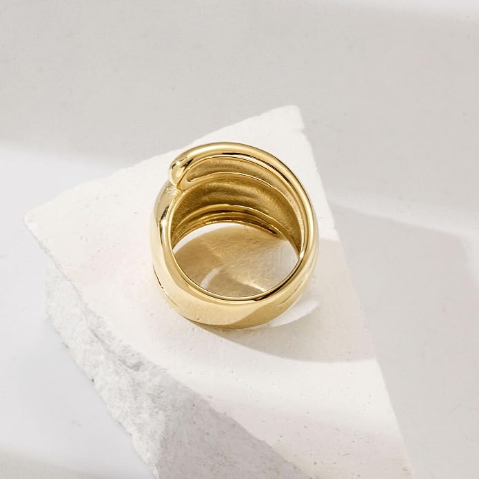 CIUNOFOR Chunky Statement Rings for Women, 14K Gold Plated Stainless Steel Dome Ring, Wide Band Retro Dome Jewelry Gift, Non-Tarnish Adjustable Fashion Ring, Fit Size 6 to 10