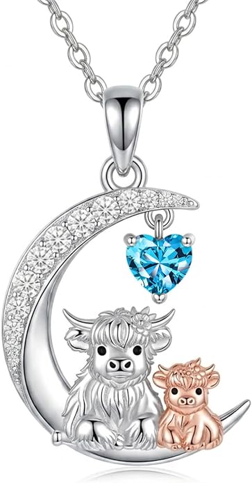 PELOVNY Teddy Bear Necklace for Women 925 Sterling Silver Bear/Highland Cow/Fox/Cat/Axolotl Birthstone Necklace Christmas Birthday Jewelry Gifts for Mom Daughter Wife Sister