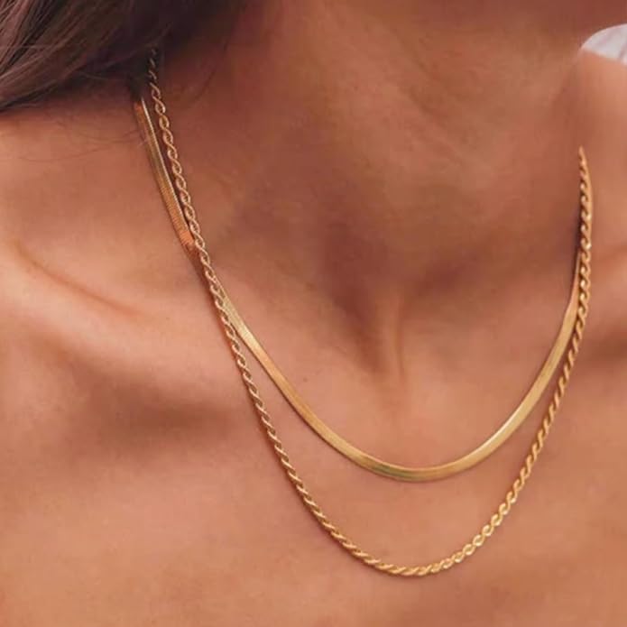 18K Gold Plated Herringbone Necklace Set for Women - Set of 2 (16"+18"),Layered Flat Snake Chain Choker-18K Gold & White Gold Tone -Tarnish Resistant Jewelry Gifts for Women/Girl