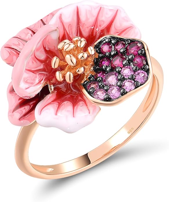 Santuzza 925 Sterling Silver Enamel Flower Statement Ring for Women