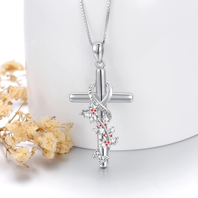 Cross Necklace for Women 925 Sterling Silver I Love You Necklace Religious Jewelry with Gift Box for Mother Daughter