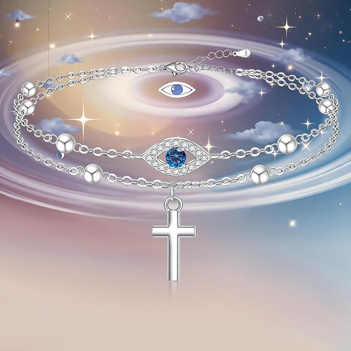 Evil Eye Anklet Sterling Silver Infinity Lotus Flower Evil Eye Anklets for Women Ankle Bracelets Turkish Blue Eyes Protection Chain Jewelry