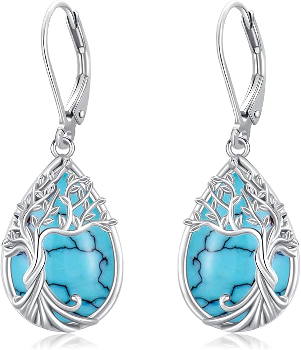 Odinstone 925 Sterling Silver Earrings Tree of Life Teardrop Moonstone Dangle Drop Leverback Earrings for Women