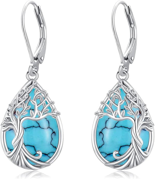Odinstone 925 Sterling Silver Earrings Tree of Life Teardrop Moonstone Dangle Drop Leverback Earrings for Women