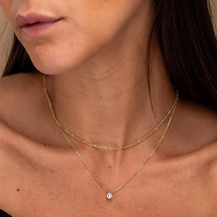 Galis Dainty Necklace - Silver, Gold Plated 18" Choker for Women with Dainty Small Round Faux Diamond Necklace Pendant, Necklaces Women with CZ Solitaire Lobster Clasp, Minimalist Gift