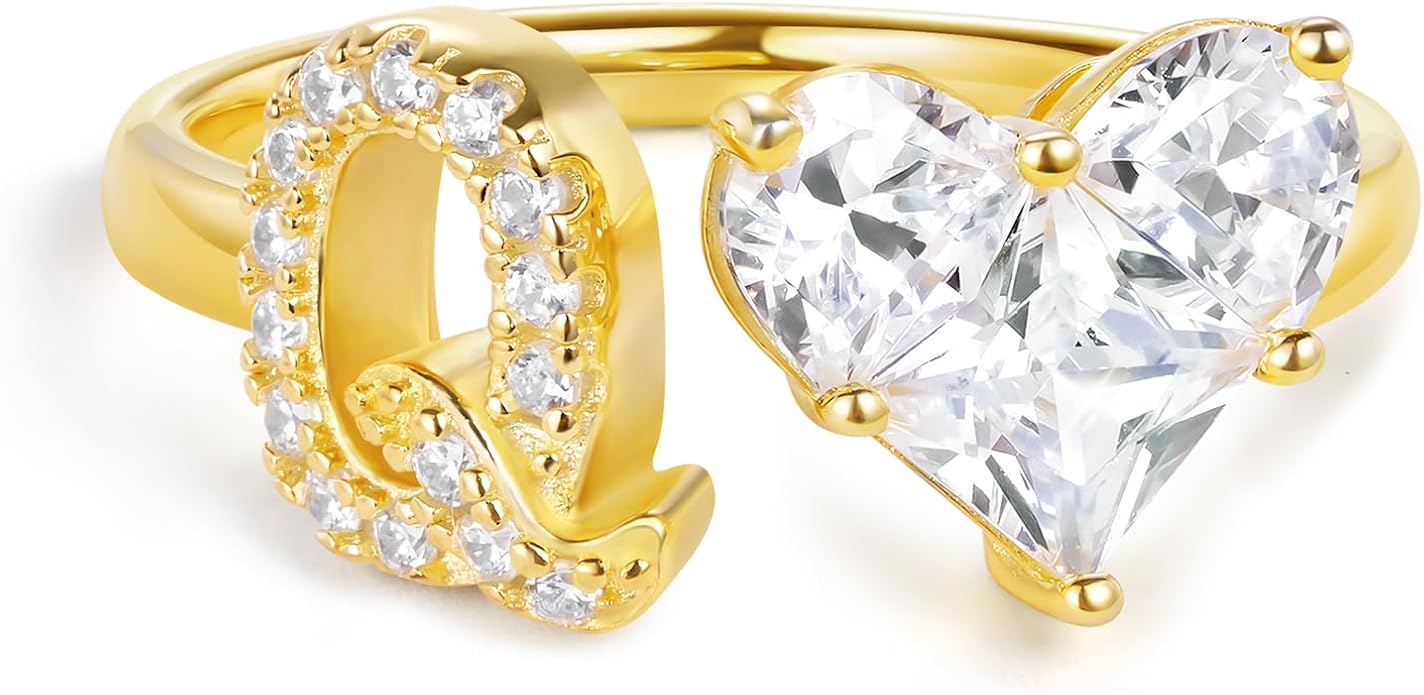 KissYan Sterling Silver Initial Heart Ring for Women, S925 Letter Rings 14K Gold Plated Open Adjustable Dainty Pave CZ Personalized Fashion Trendy Gifts for Mother's Day