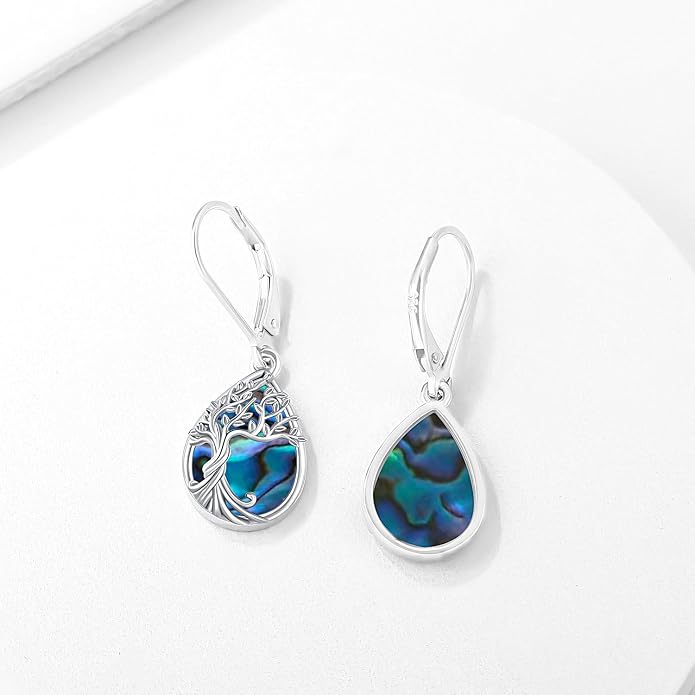 Odinstone 925 Sterling Silver Earrings Tree of Life Teardrop Moonstone Dangle Drop Leverback Earrings for Women
