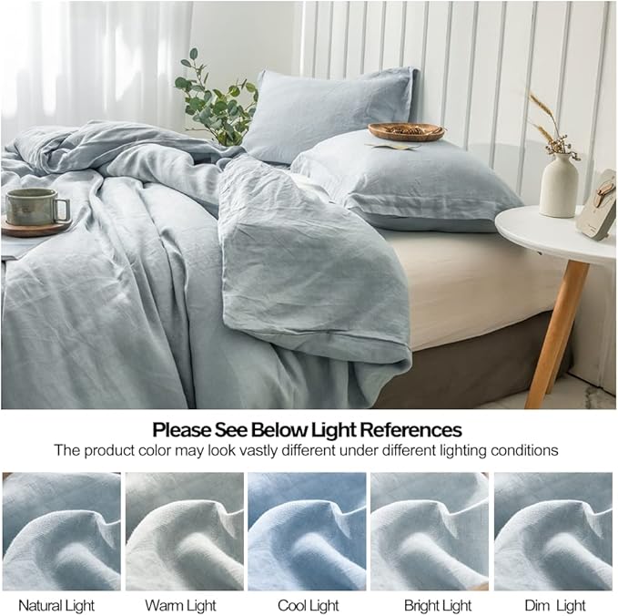Simple&Opulence 100% Linen Duvet Cover Set 3pcs Basic Style Natural French Washed Flax Solid Color Soft Breathable Farmhouse Bedding with Button Closure - Dusty Blue, California King