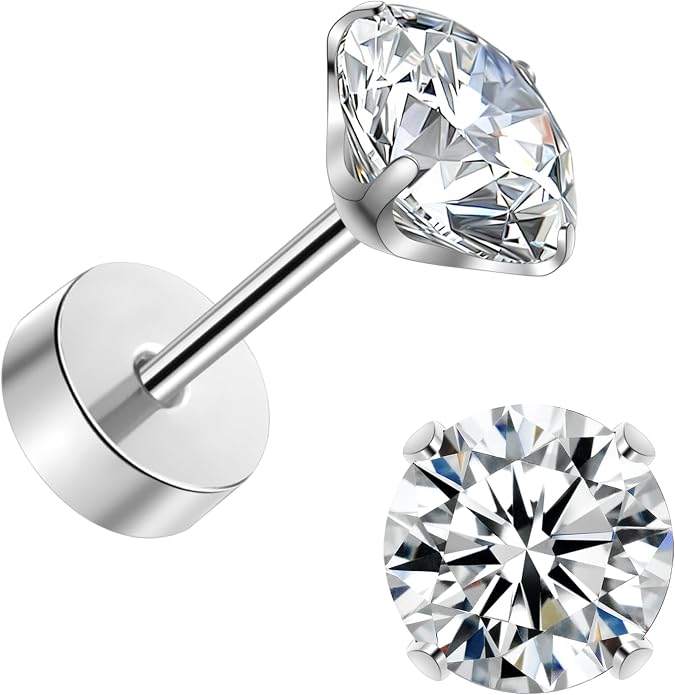 Titanium Earrings for Women Stud Earrings Cubic Zirconia Dainty Screw Flat Back Hypoallergenic Earrings for Women for Multiple Cartilage Helix Conch Tragus Piercing Jewelry for Sensitive Ears