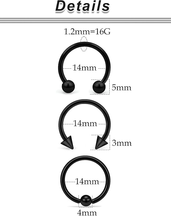 00G 0G 2G 4G 6G 8G 10G 12G 14G 16G Septum Rings Silver Black Surgical Steel Heavy Gauges Earrings Stretching kit Eyebrow Lip Septm Nose Rings Helix Tragus Daith Rook Earrings Hoops 10mm-19mm