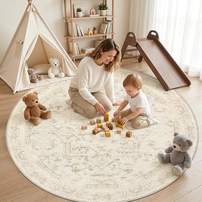 Round Area Rug for Living Room: 6ft Vintage Boho Neutral Washable Circle Rug Soft Large Circular Carpet for Bedroom Nursery Farmhouse Dining Room Office Floor Non-Slip Low Pile Under Table Beige/Brown