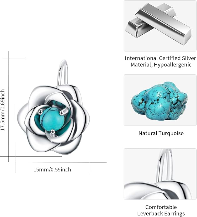 BDL Genuine Turquoise Jewelry for Women, Sterling Silver Earrings and Necklaces for Women, Leverback Dangle Drop Earrings Jewelry