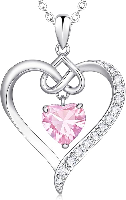 925 Sterling Silver Birthstone Heart Necklace for Women - Infinity Love Pendant with Cubic Zirconia, 12 Colors, Valentine's Day Gift for Her, 12 Months, Birthday Anniversary Christmas Jewelry Gifts