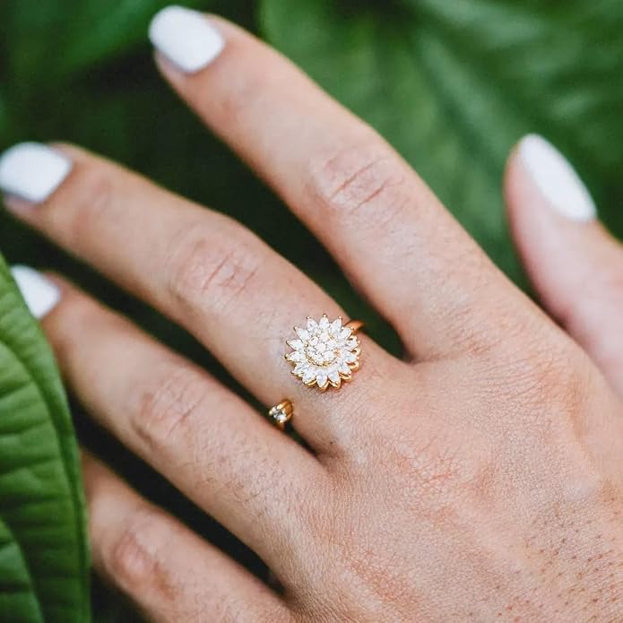 Fidget Ring Anxiety Spinner Ring Open Adjustable Sunflower Star Moon Windmill Butterfly Rings Daisy Stress Relieving Fidget Women Cubic Zirconia Anti Stress Mood Rotate Inspirations Jewelry