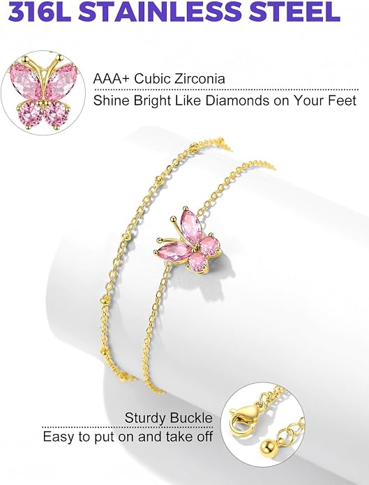 Richsteel Double Layer Heart/Butterfly Birthstone Anklet for Women Non Tarnish Waterproof, Silver/Gold/Black Stainless Steel 8.5-10.5 Inch Adjustable Chain Anklets Jewelry Gifts for Her