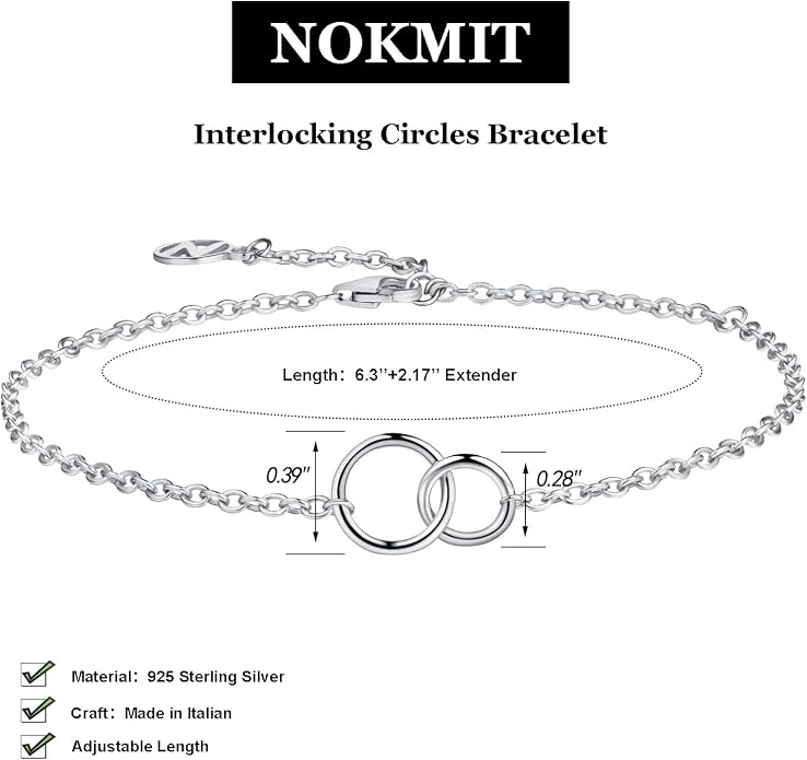 NOKMIT Solid 925 Sterling Silver Bracelets for Women, Dainty Interlocking Circles Cubic Zirconia Adjustable Chain Bracelet, Trendy Stackable Link Bracelets, Simple Cute Jewelry Gifts