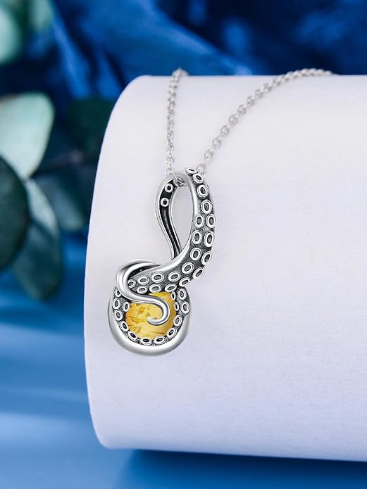 Octopus Tentacles Necklace with Gemston 925 Sterling Silver Octopus Pendant for Women Ocean Jewelry Gift for Women