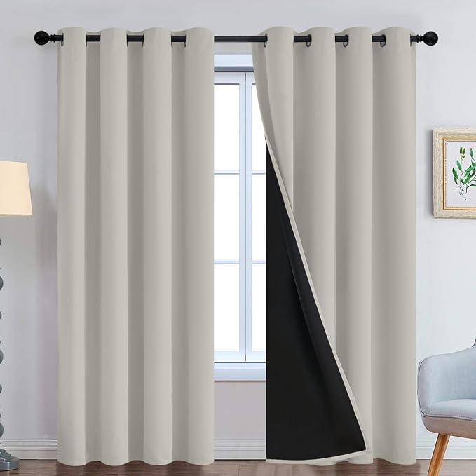 Yakamok Cream Beige 100% Blackout Curtains 84 Inches Long 52" Wide 2 Panels | Blackout Curtain Panels for Bedroom, 2 Thick Layers Grommet Top Thermal Insulated Drapes with Black Liner for Living Room