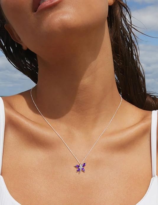 925 Sterling Silver Birthstone Necklaces for Women, Dainty Cute Dragonfly/Butterfly Pendant Necklace, Great Christmas/Anniversary Jewelry for Mother