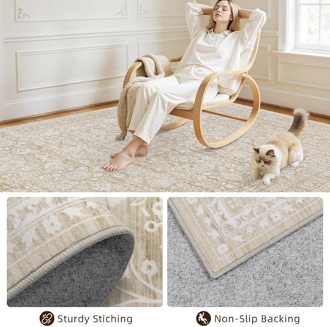 10x12 Area Rug for Living Room: Vintage Boho Neutral Washable Rug Indoor Soft Large Area Rug Carpet for Bedroom Nursery Farmhouse Dining Room Office Floor Non-Slip Low Pile Under Table Natural Beige