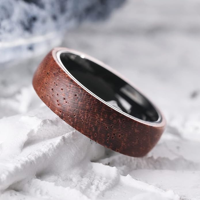 King Will 6/8mm Wedding Band for Men, Silver/Black Hammered Titanium Wedding Ring Inlaid Wood Inner Hole, Wedding Band for Men Matte Brushed Comfort Fit 7-14