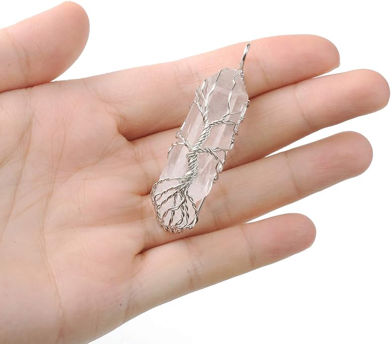Top Plaza Natural Raw Stone Healing Crystal Necklace Silver Life Tree Wire Wrapped Clear Quartz Point Pendant For Womens Ladies