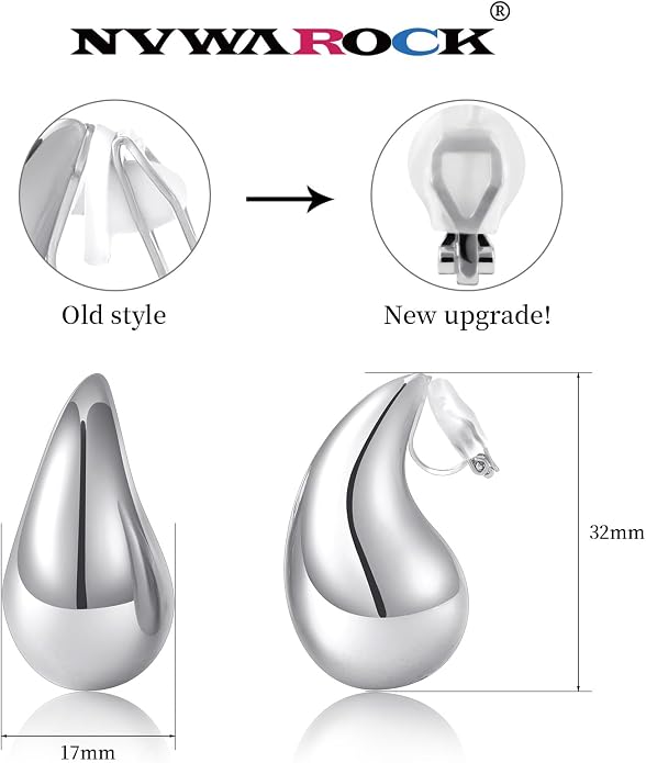 Gold Drop Clip On Earrings Dupes Teardrop Chunky Non Pierced Earring 14K Real Gold Plated Hypoallergenic Lightweight Earrings for Women（Gold and Silver）