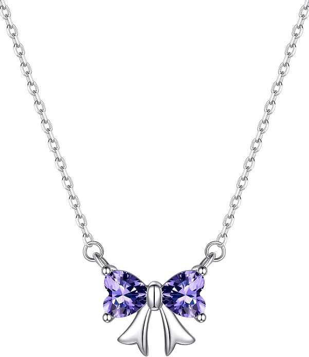 ChicSilver Bow and Cat Birthstone Necklace, 925 Sterling Silver Pendant Necklaces for Women, Hypoallergenic Silver Choker with 16 inch Rolo Chain, 12 Months Jewelry for Valentines Mothers Day Christmas
