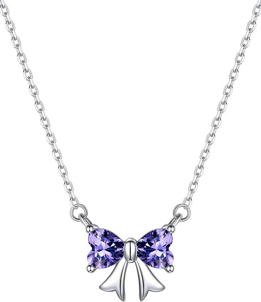 ChicSilver Bow and Cat Birthstone Necklace, 925 Sterling Silver Pendant Necklaces for Women, Hypoallergenic Silver Choker with 16 inch Rolo Chain, 12 Months Jewelry for Valentines Mothers Day Christmas