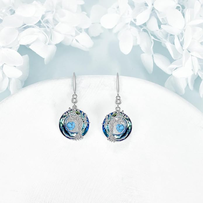 POPLYKE Tree of Life Birthstone Earrings 925 Sterling Silver Dainty Gemstone Birthstone Dangle Drop Earring with Crystal Fine Jewelry Birthday Gifts for Women Her