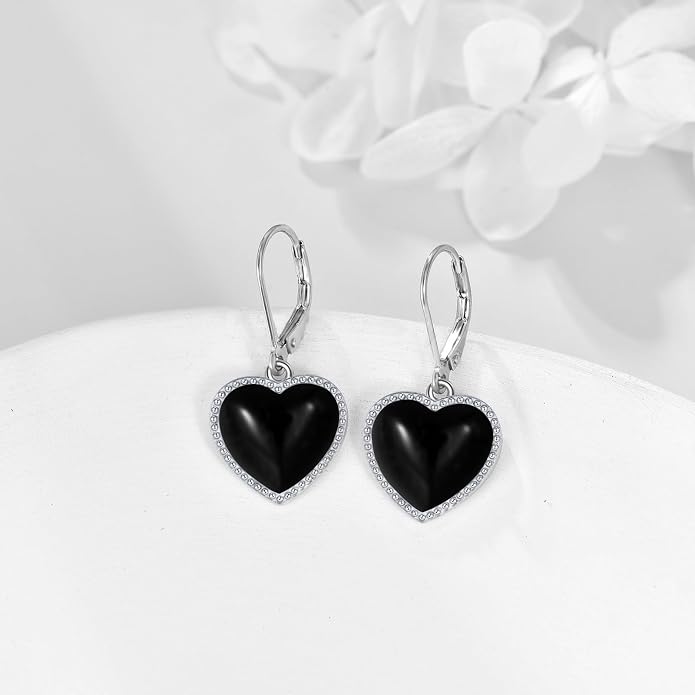 Mother of Pearl/Black Onyx/Abalone Shell Heart Leverback Dangle Earrings Sterling Silver Fashion Jewelry Gifts for Women