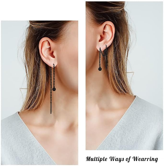 3 Pairs Threader Earrings 925 Sterling Silver Long Chain Earrings Bar/Ball Wrap Threader Drop Earrings for Women Lightweight Minimalist Mother's Day Jewelry Set