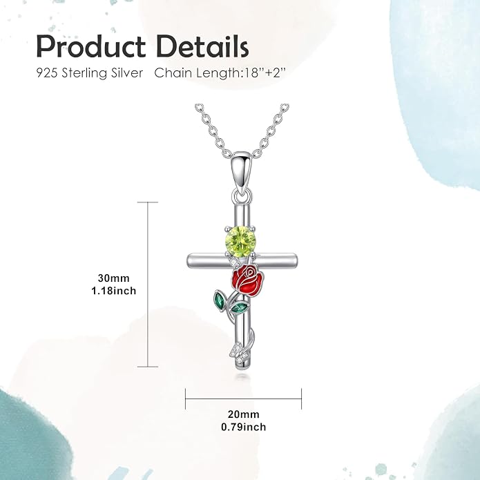 Birthstone Cross Necklace 925 Sterling Silver Rose with Butterfly Birthstone Cross Pendant Necklace Jewelry Gifts for Women Birthday Christmas