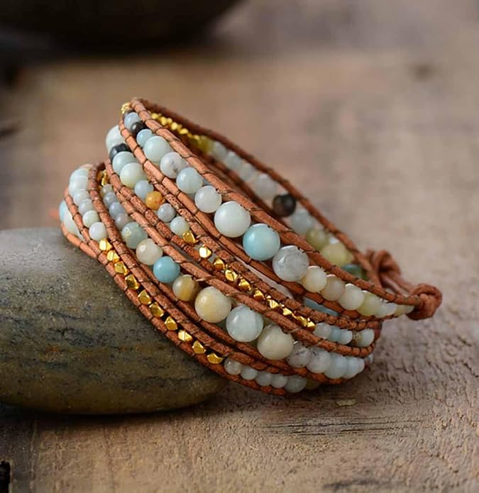 Boho Wrap Bead Bracelet for Women - Handmade Adjustable Natural Stone Beaded Bracelets Yoga Healing Bracelet Bangle Hippie Jewelry