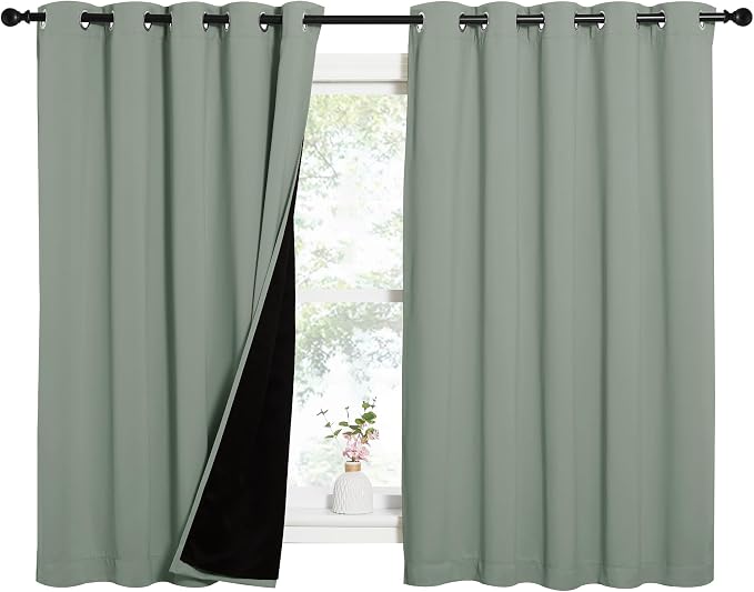 NICETOWN Greyish Green 100% Blackout Lined Curtains, 2 Thick Layers Completely Blackout Window Treatment Thermal Insulated Drapes for Kitchen/Bedroom (1 Pair, 62" Width x 63" Length Each Panel)