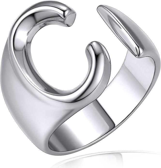 KeyStyle Bold Initial Letter Rings Adjustable, GoldChic Jewelry Women Gold Statement Ring Personalized Engraved Women’s Open Signet Ring for Party (Gold, White Gold, Black)