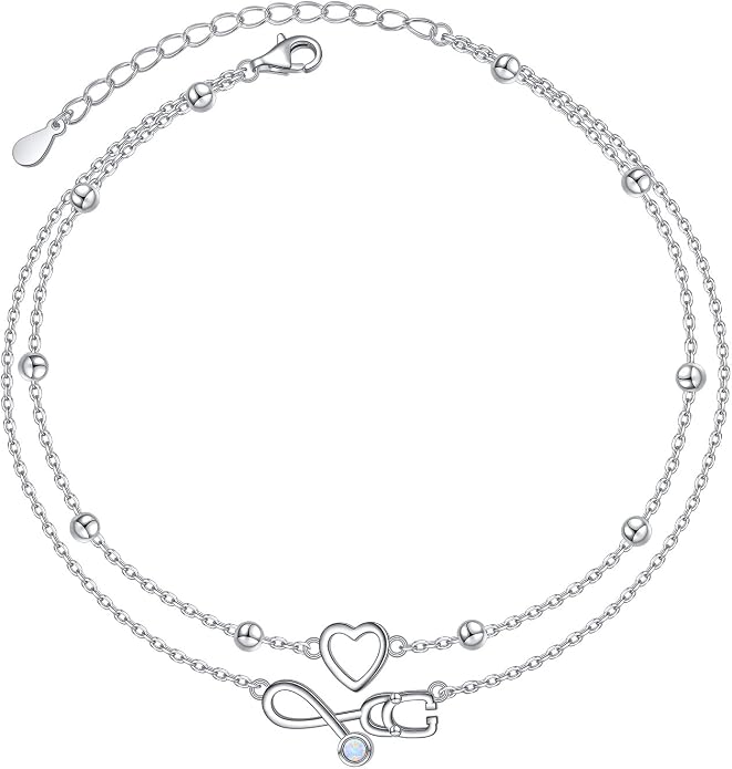 Flyow Anklet for Women S925 Sterling Silver Adjustable Foot Beaded Heart Charm Ankle Bracelet Anklets Jewelry