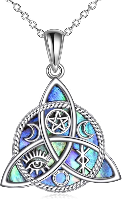 YFN Triple Moon Goddess Necklace Sterling Silver Pentagram Pentacle Opal Pendant necklace Pagan Wiccan Magic Amulet Tree of Life Jewelry for Women Men 18"