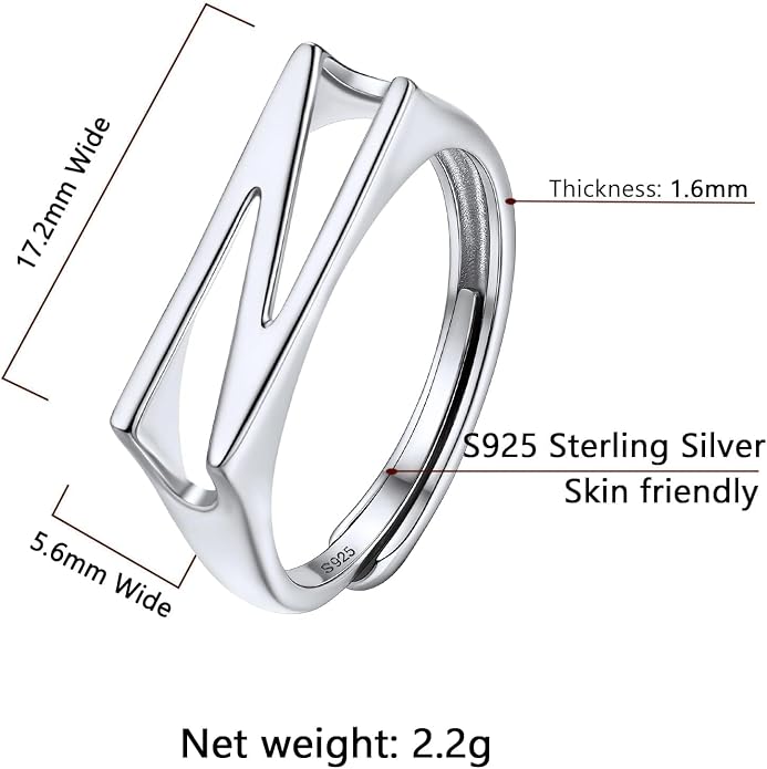 SILVERCUTE 925 Sterling Silver Initial Rings for Women,Adjustable Capital Letter Ring Hypoallergenic,Minimalist 925 Silver Rings for Mother Daughter