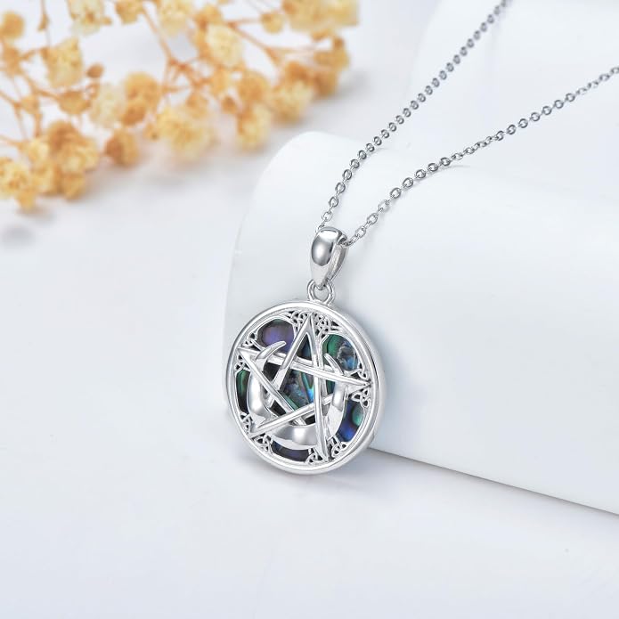 YFN Triple Moon Goddess Necklace Sterling Silver Pentagram Pentacle Opal Pendant necklace Pagan Wiccan Magic Amulet Tree of Life Jewelry for Women Men 18"