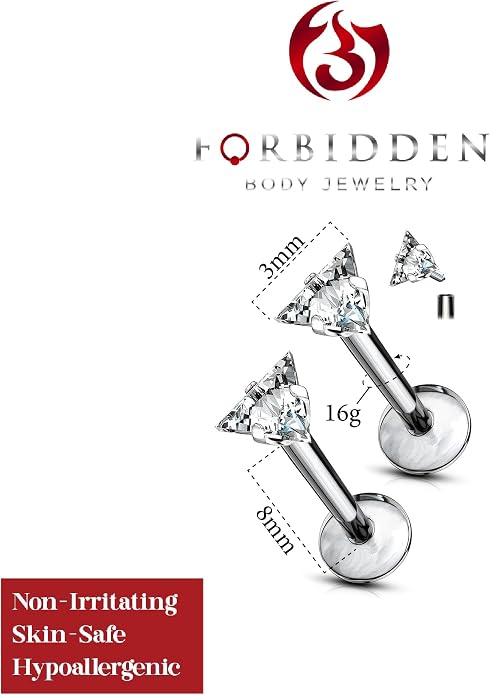 Forbidden Body Jewelry 16 g Titanium Internally Threaded CZ Triangle Flat Back Piercing Stud Earring, Helix, Cartilage, Labret, Monroe for Women or Men