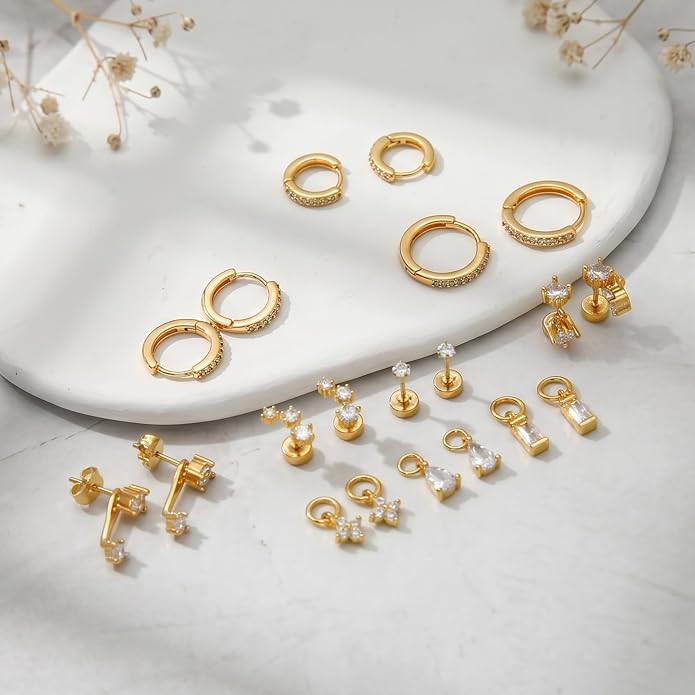 Stainless Steel Stud Earrings Set for Women Hypoallergenic Flat Back Cartilage Earrings Screw Back Huggie Hoop Earrings Multiple Piercing Cubic Zirconia Helix Tragus Jewelry